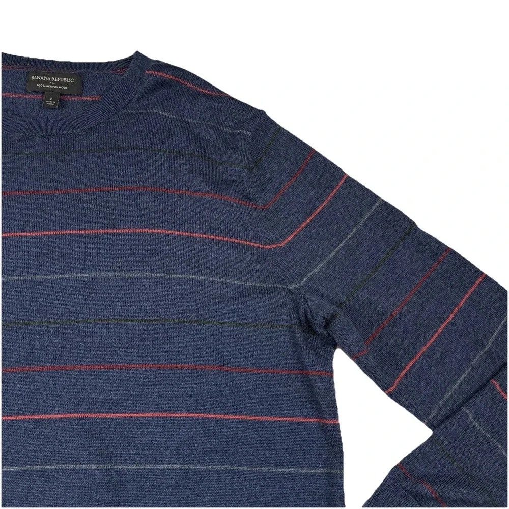 Banana Republic 100% Merino Wool Crew Neck Sweater Blue Striped Mens Large